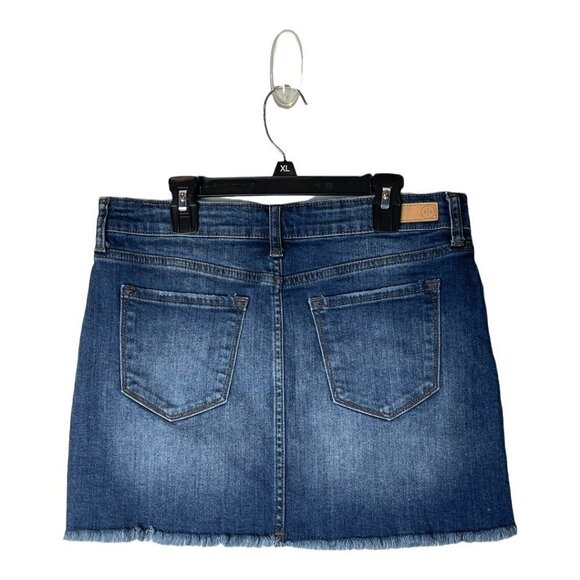 BP Denim Blue Medium Wash‎ Cotton Blend A Line Raw Hem Mini Skirt Size 28 - Picture 3 of 11